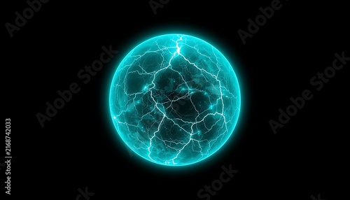 Glowing Turquoise Energy Sphere with Cracked Lightning Patterns, Futuristic Electric Orb Isolated on Black Background