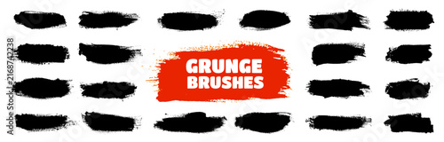 Graffiti ink grunge stain shapes of black smudge spray or paint brush and dirty paintbrush stroke elements set. Grunge paint brush lines or brushstroke smears of black watercolor effect smudges set