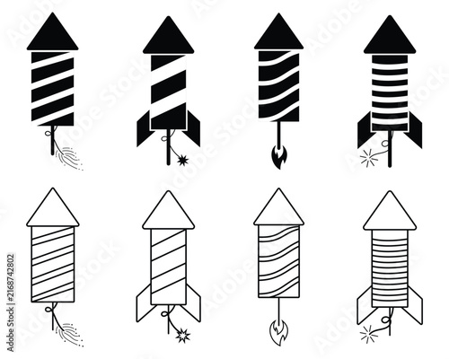 Fireworks rocket vector for fourth of July. Hand drawn Firework rockets icon. Silhouette of Firework rockets symbol.  Vector Illustration.