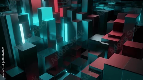 Abstract 3D geometric cubes in dark lighting with teal and magenta hues