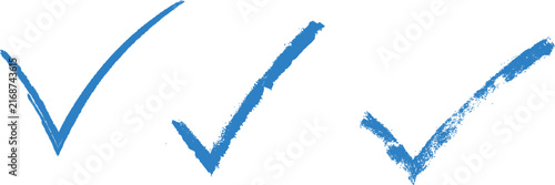 Konstfotografi Set of three blue hand drawn check mark symbols with different brush textures on transparent base