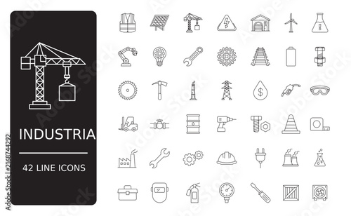 Industrial icon set with construction, factory, and machinery symbols