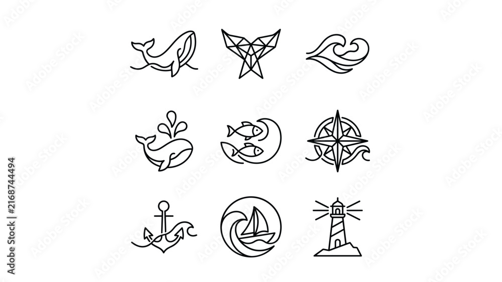 Obraz premium Collection of nine minimalist nautical and sea life icons.