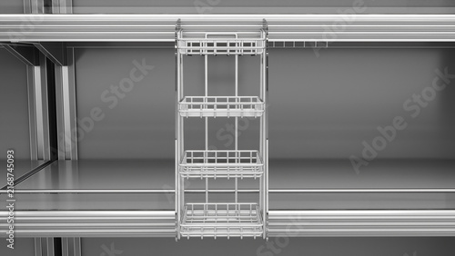 Close-up of retail shelves and white hanging wire display mockup with clear plastic sides. 3d illustration