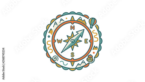 Colorful travel compass and adventure icons.
