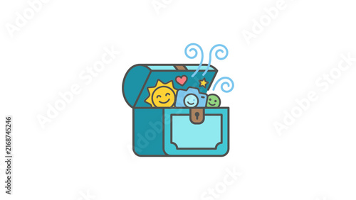 Colorful treasure chest filled with sun summer icons and goggles.