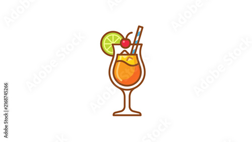 Colorful tropical cocktail with lime and cherry garnish.