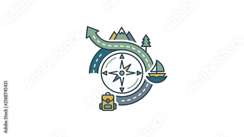 Compass icon integrated with road, mountains, and ship.