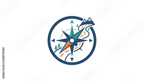Compass navigation icon with mountain road.