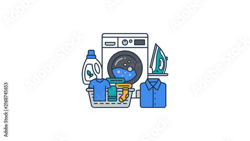 Comprehensive laundry and ironing equipment icon set.