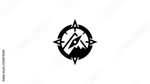 Compass rose icon with mountain peak center.