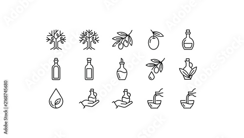 Comprehensive set of black line icons for olive oil production.