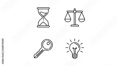 Conceptual line icons for time, justice, and ideas.