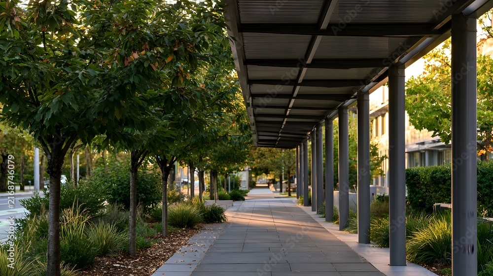 Naklejka premium A covered walkway with trees and modern columns under warm sunlight creating a calm urban pathway scene