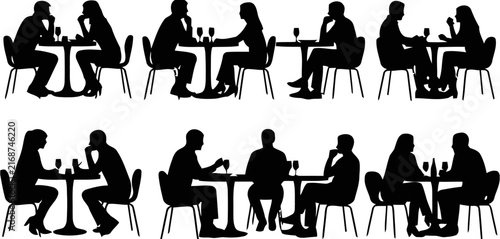 Black silhouette of people sitting at restaurant tables having dinner dates with wine glasses, cafe dining scene for social interaction vector.
