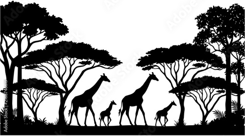 Silhouette of giraffe family walking through the African savanna landscape, acacia trees, nature wildlife, vector illustration, safari sunset, wild animals.
