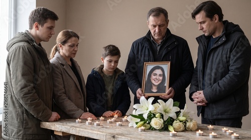 A grieving family standing in silence while holding a portrait of their lost loved one surrounded by flickering candles and white funeral flowers