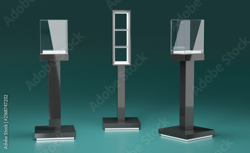 Set of different floor pedestal display cases. 3d illustration on green background