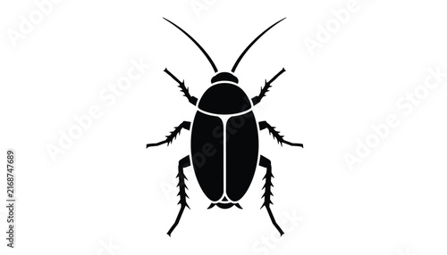 Black cockroach silhouette isolated on a solid white background, depicting a common household pest insect or bug.