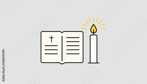 Open bible book showing a Christian cross next to a lit candle radiating bright light, symbolic of faith and hope.