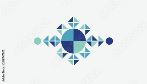 Symmetrical geometric design in blue and teal tones with a central circle and repeating triangles, creating a modern clean graphic.