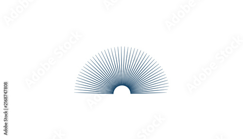 Semicircular geometric composition with blue radial lines radiating outwards, creating an elegant arch design on white background.