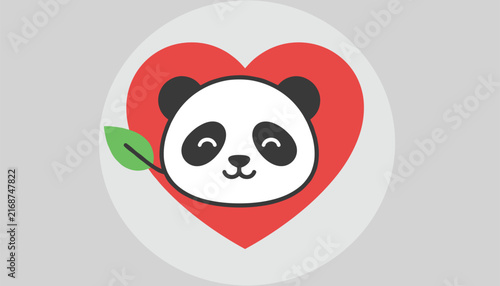 Cute illustration of a smiling baby panda head set inside a large red heart with a green leaf, ideal for children and wildlife designs.