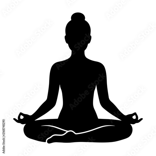Картината върху платно Black silhouette of a woman practicing yoga in lotus position with mudra hands i
