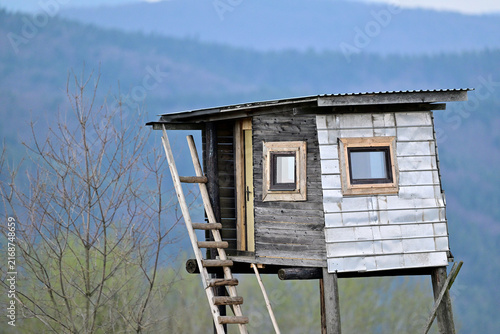 Fotografie Hunting lodge on the edge of the forest overlooking the meadows for hunting anim