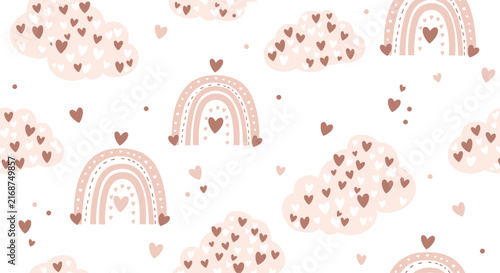 Seamless nursery pattern features cute pink rainbows combined with fluffy clouds and tiny hearts for baby wallpaper design.