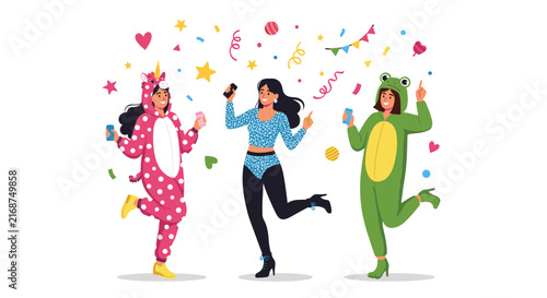 Joyful illustration of three young women dancing at a party wearing colorful animal onesies like unicorn and frog against confetti background.