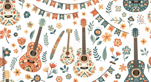 Vibrant seamless pattern displays acoustic guitars decorated with floral motifs surrounded by festive bunting and garden flowers.