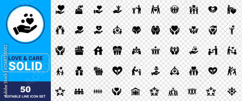 A comprehensive collection of fifty solid style vector icons featuring various love and heart shapes perfect for romantic designs and valentines day projects