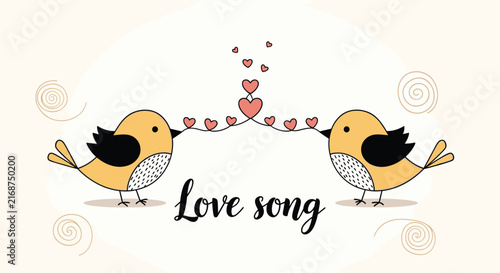 Sweet illustration titled love song shows two yellow birds facing each other while sharing a garland of delicate pink hearts.
