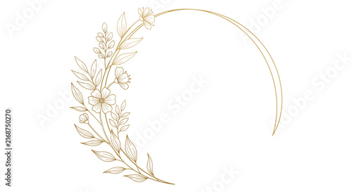 Elegant golden circular frame is adorned with delicate hand drawn wildflowers and leaves on a pristine white background.