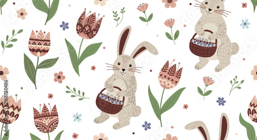 Charming seamless pattern displays cute rabbits carrying baskets of spring flowers through a meadow of tulips and daisies.