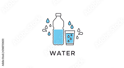 Modern vector graphic for water features a bottle and glass filled with blue water surrounded by splashing droplets.