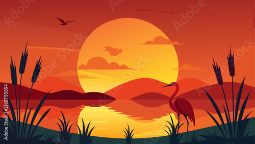 Sunset over the lake with bird and reeds