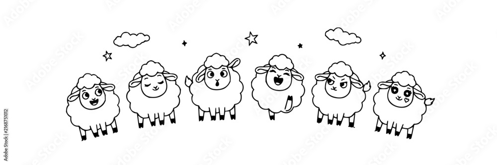 Obraz premium Sheep set with whimsical outlines featuring smiling, jumping, sleeping sheep with clouds and stars