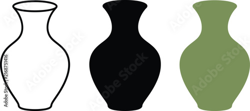 Foto Ceramic flower vase vector icon set featuring line art, solid black silhouette,