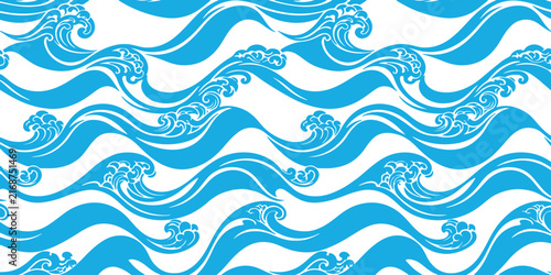 Repeating seamless pattern of stylized blue ocean waves against a plain white background surface