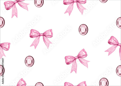 pink watercolor coquette bow ribbon crystal stone strass repeating seamless
