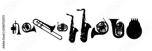 Brass instrument set with French horn, trombone, saxophone featuring tuba, euphonium, and clarinet with trumpet, cornet, and bassoon