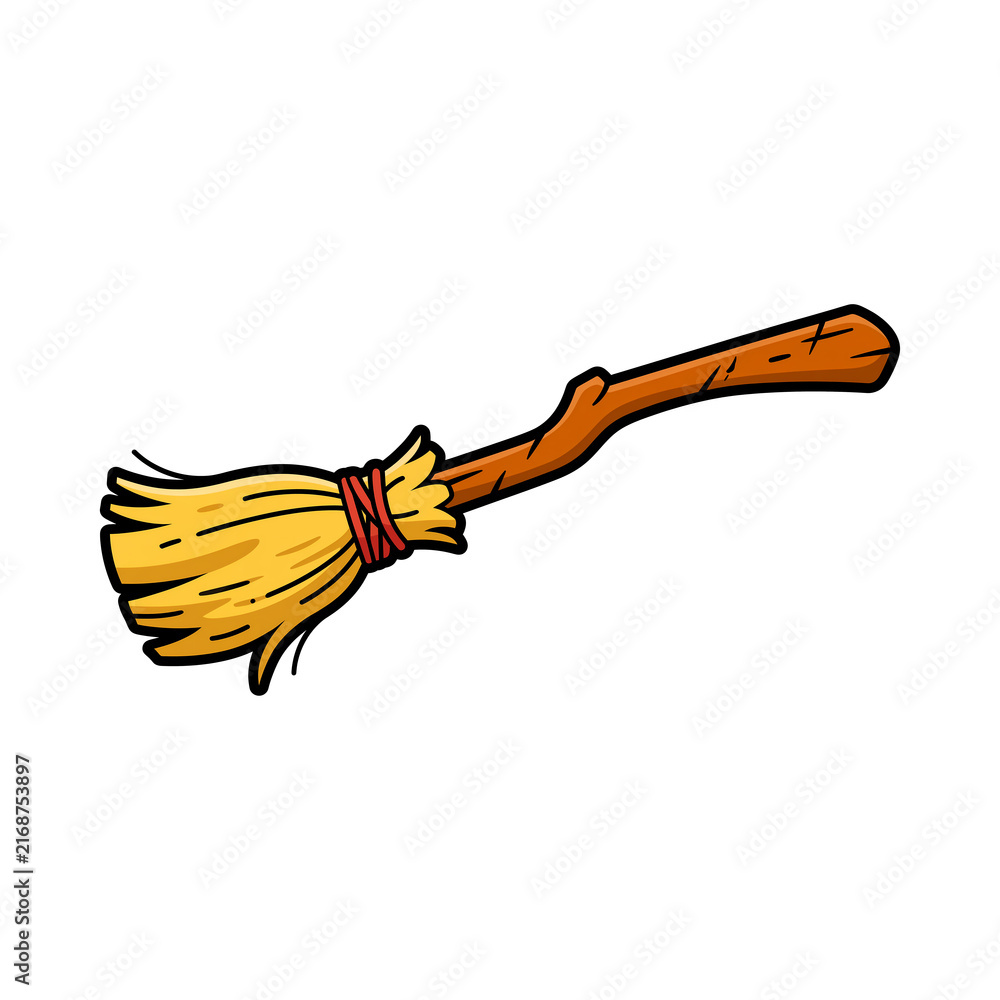 Obraz premium Cartoon witch broomstick with wooden handle and straw bristles
