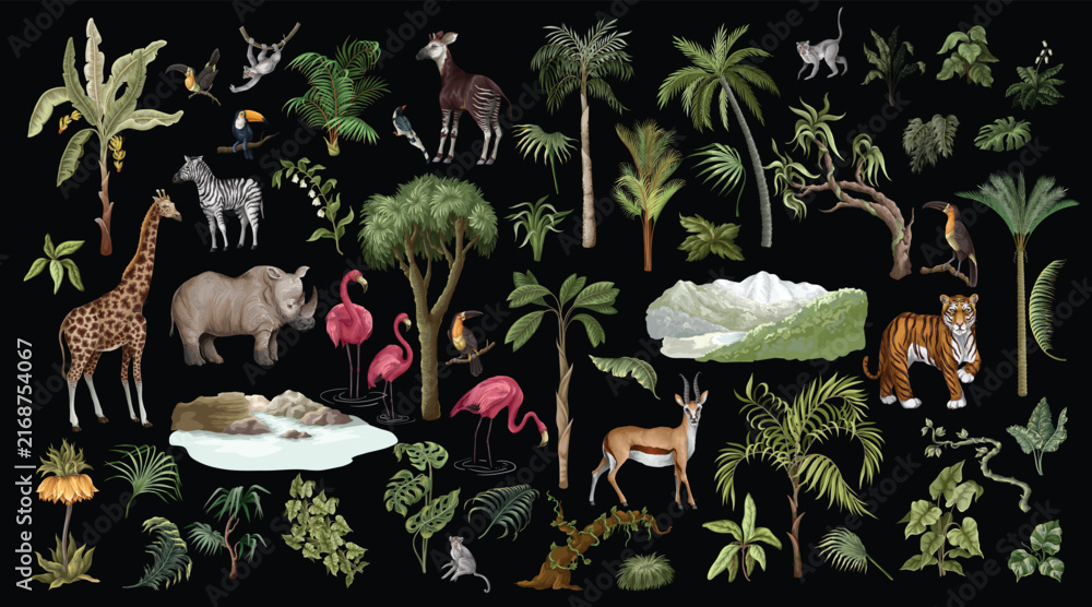 Naklejka premium Jungle Tropical Animals Isolated Collection with Safari Wildlife Botanical Elements for Mural Design