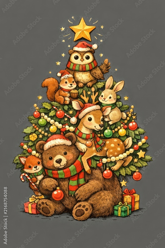 Naklejka premium Adorable animals decorating a festive Christmas tree.