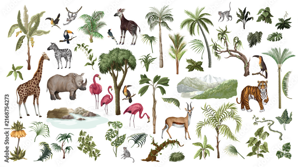 Naklejka premium Jungle Tropical Animals Isolated Collection with Safari Wildlife Botanical Elements for Mural Design