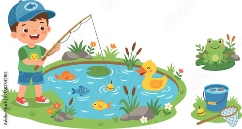 Cute Cartoon Boy Fishing at Pond Vector Illustration Set with Happy Duck Frog Fish Basket and Net Characters for Kids Education