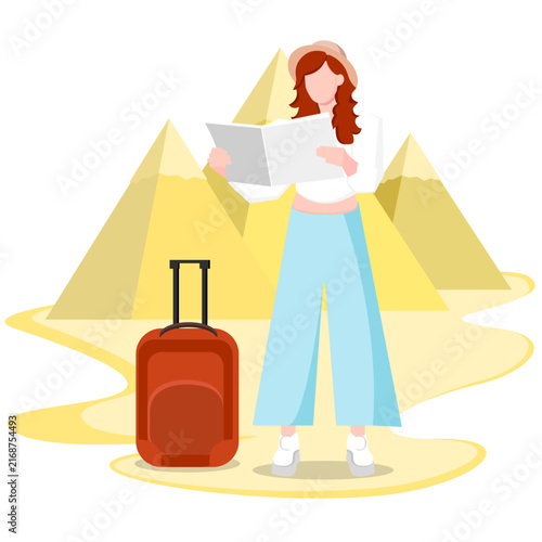 Фотография White Girl in flat  stile with red hair and a hat with a map in her hands and su