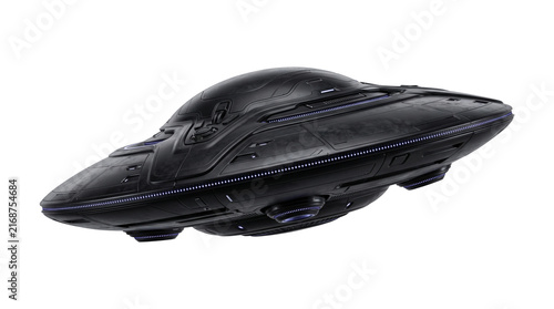Konstfotografi Futuristic ufo spacecraft with dark metallic hull and glowing lights for science fiction space themes
